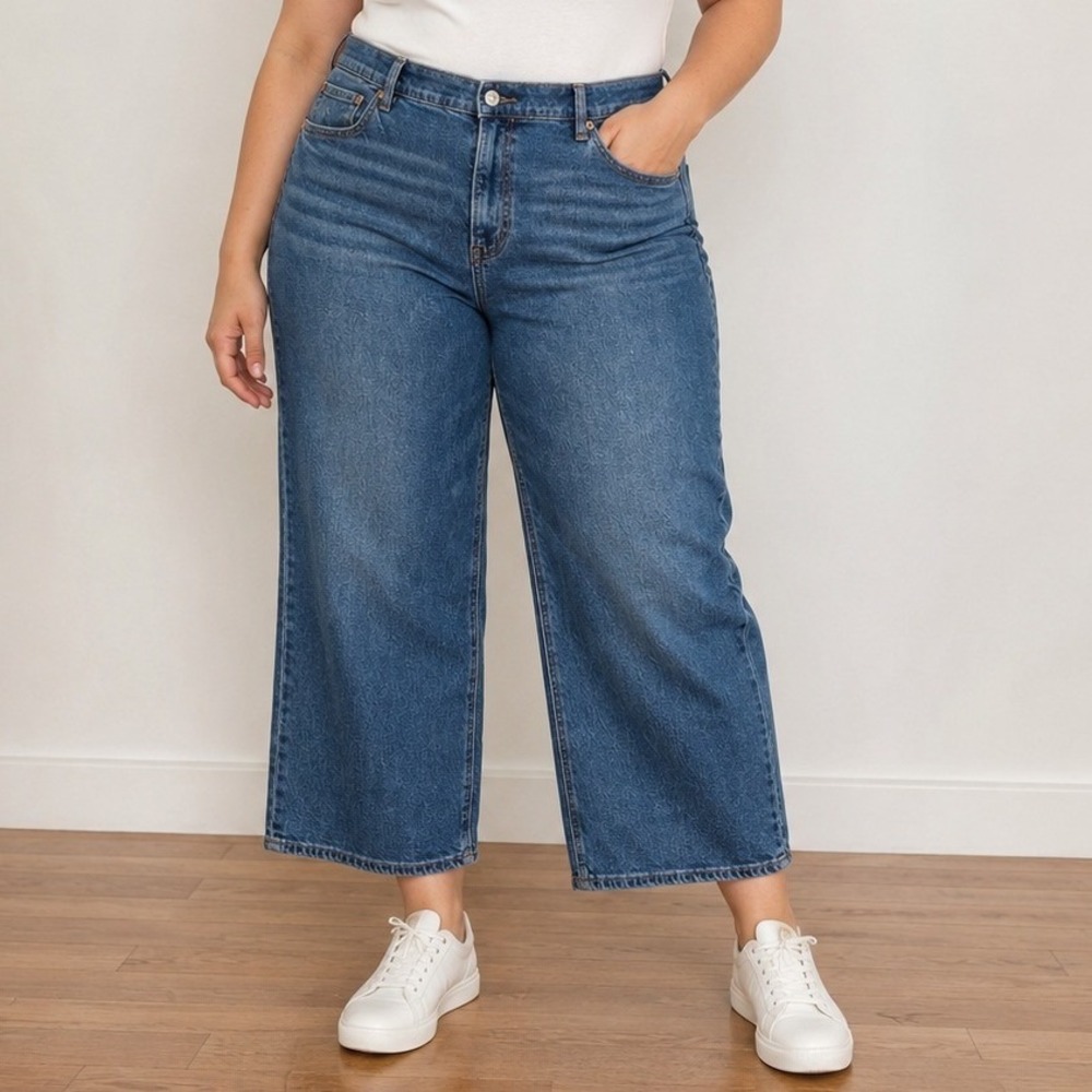 American Eagle Stovepipe Crop‎ Jeans 16 Short Blue High Rise Stretch Wide Leg